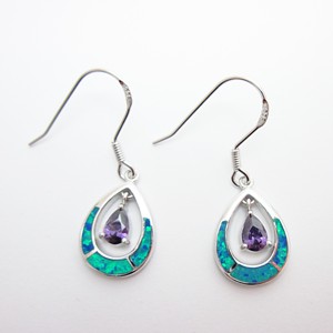 Blue Fire Opal Teardrop and Purple CZ Dangle Earrings - D-4860
